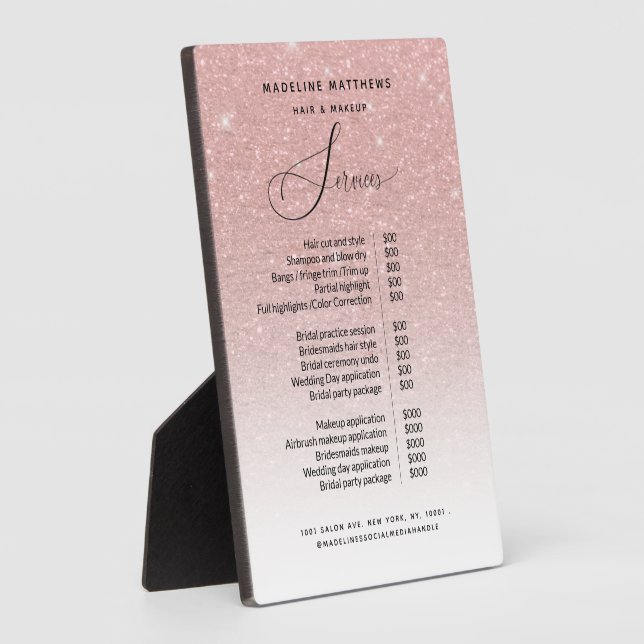 Rose Gold Glitter Sparkle Blush Salon Price List Plaque (Side)