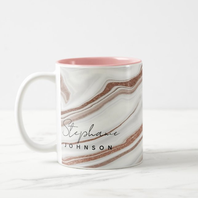 Rose Gold Glitter Sparkle Custom Monogram Name Two-Tone Coffee Mug (Left)