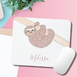 Rose Gold Glitter Sparkle Cute Sloth Name Mouse Mat<br><div class="desc">This fun and girly mouse pad is decorated with a rose gold glitter smiling sloth hanging from a branch.
Customise it by changing the name.
Original Design © Michele Davies</div>