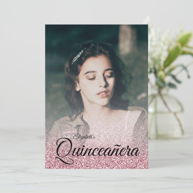 Rose Gold Glitter Sparkle Dress Photo Quinceanera Invitation (Standing Front)