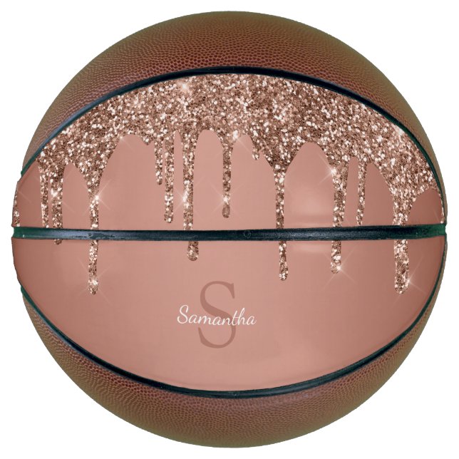 Rose Gold Glitter Sparkle Drip Monogram Name Basketball (Front)