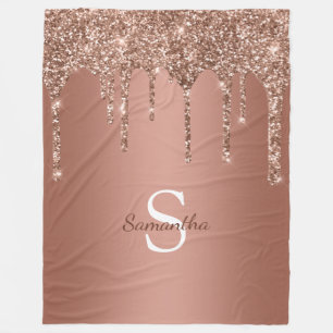 Rose Gold Glitter Sparkle Drip Monogram Name Fleece Blanket