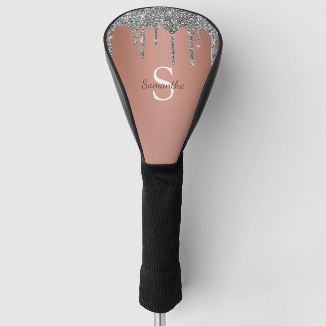 Rose Gold Glitter Sparkle Drip Monogram Name Golf Head Cover (Front)