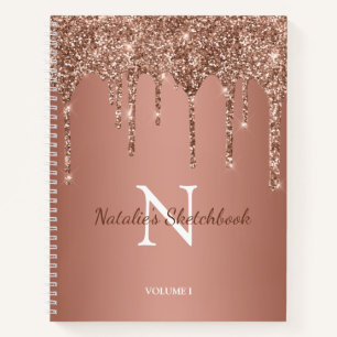 Rose Gold Glitter Sparkle Drip Monogram Sketchbook Notebook