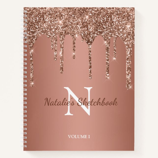 Rose Gold Glitter Sparkle Drip Monogram Sketchbook Notebook (Front)