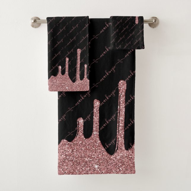 Rose Gold Glitter Sparkle Drips Script Name Black Bath Towel Set (Insitu)