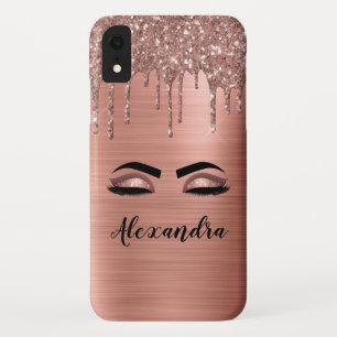 Rose Gold Glitter Sparkle Eyelashes Monogram Name iPhone XR Case
