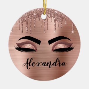 Rose Gold Glitter Sparkle Eyelashes Monogram Name Ceramic Tree Decoration