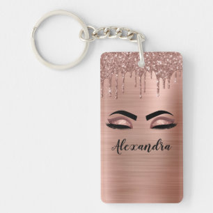 Rose Gold Glitter Sparkle Eyelashes Monogram Name Key Ring
