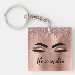Rose Gold Glitter Sparkle Eyelashes Monogram Name Key Ring
