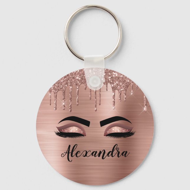 Rose Gold Glitter Sparkle Eyelashes Monogram Name Key Ring (Front)