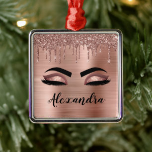 Rose Gold Glitter Sparkle Eyelashes Monogram Name Metal Tree Decoration