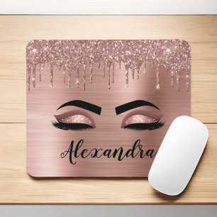 Rose Gold Glitter Sparkle Eyelashes Monogram Name Mouse Mat