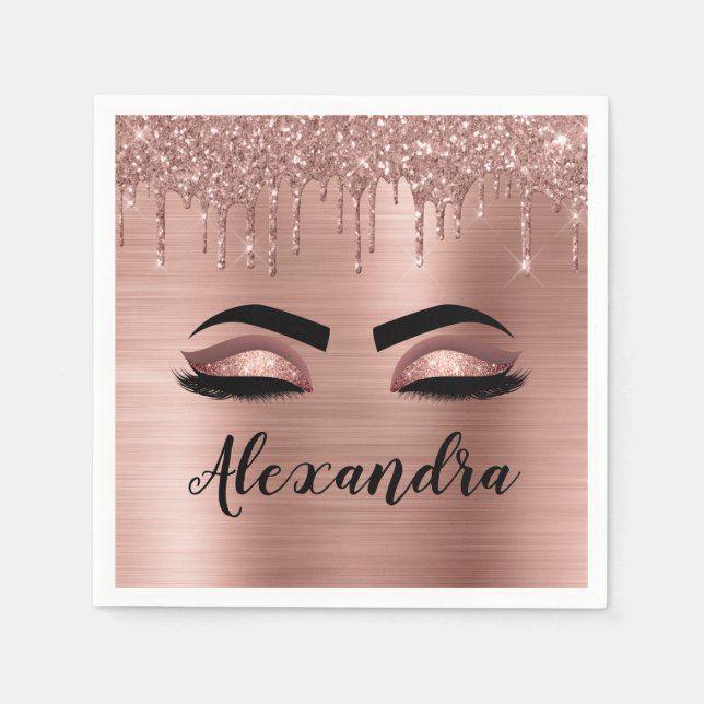 Rose Gold Glitter Sparkle Eyelashes Monogram Name Napkin (Front)