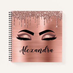 Rose Gold Glitter Sparkle Eyelashes Monogram Name Notebook
