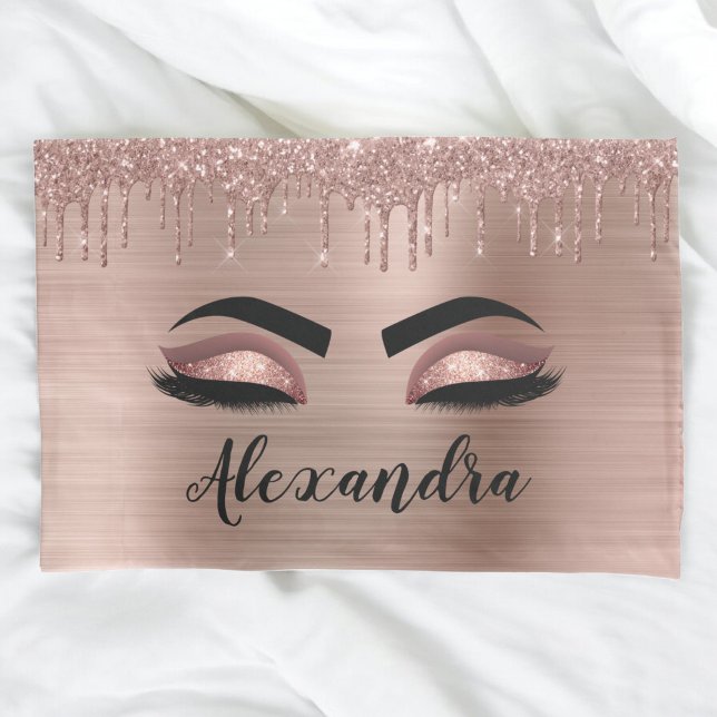Rose Gold Glitter Sparkle Eyelashes Monogram Name Pillowcase (Creator Uploaded)