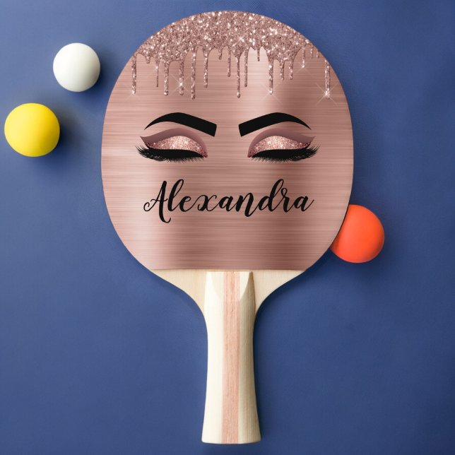 Rose Gold Glitter Sparkle Eyelashes Monogram Name Ping Pong Paddle (Creator Uploaded)