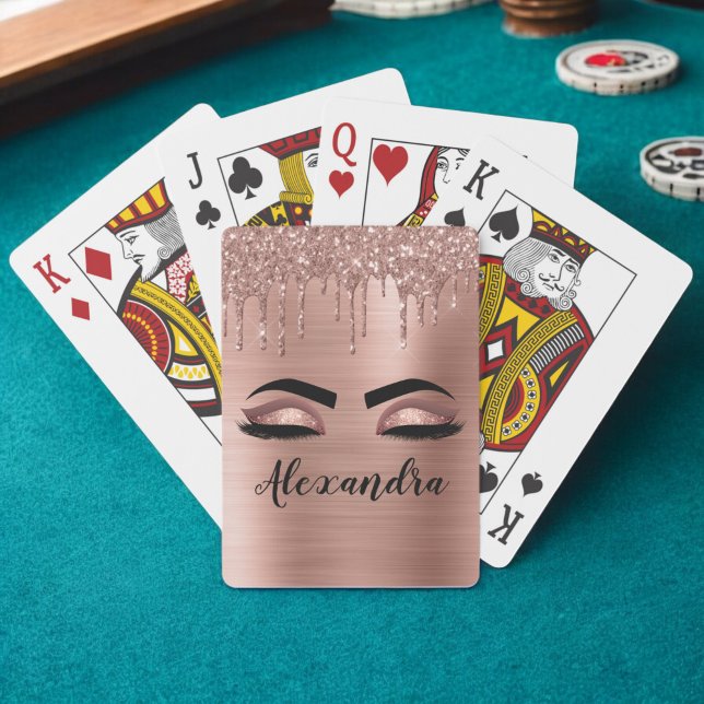 Rose Gold Glitter Sparkle Eyelashes Monogram Name Playing Cards (Creator Uploaded)