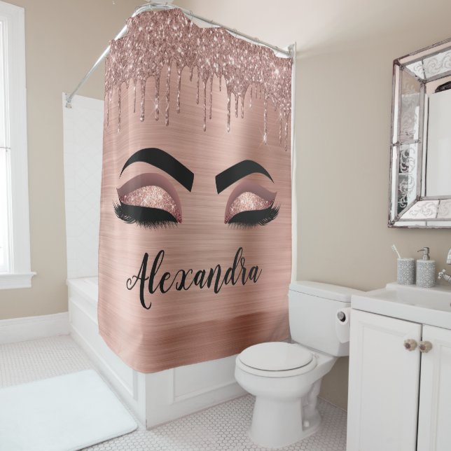 Rose Gold Glitter Sparkle Eyelashes Monogram Name Shower Curtain (In Situ)