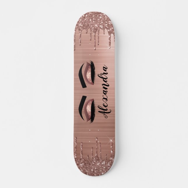 Rose Gold Glitter Sparkle Eyelashes Monogram Name Skateboard (Front)