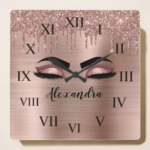 Rose Gold Glitter Sparkle Eyelashes Monogram Name Square Wall Clock