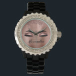 Rose Gold Glitter Sparkle Eyelashes Monogram Name Watch<br><div class="desc">Rose Gold Faux Foil Metallic Sparkle Glitter Brushed Metal Monogram Name and Initial Eyelashes (Lashes),  Eyelash Extensions and Eyes Blush Pink Lady's Wrist Watch. The design makes the perfect sweet 16 birthday,  wedding,  bridal shower,  anniversary,  baby shower or bachelorette party gift for someone looking for a trendy cool style.</div>