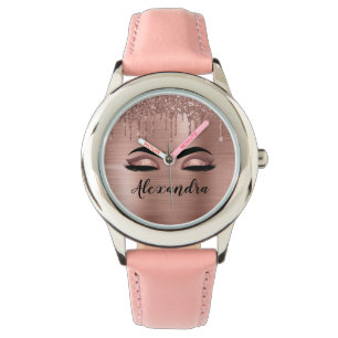 Rose Gold Glitter Sparkle Eyelashes Monogram Name Watch