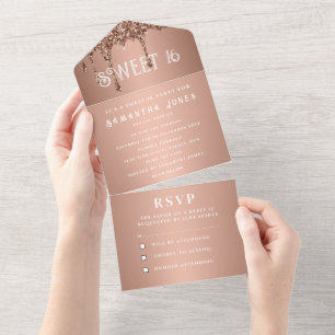 Rose Gold Glitter Sparkle Modern Sweet 16 All In One Invitation
