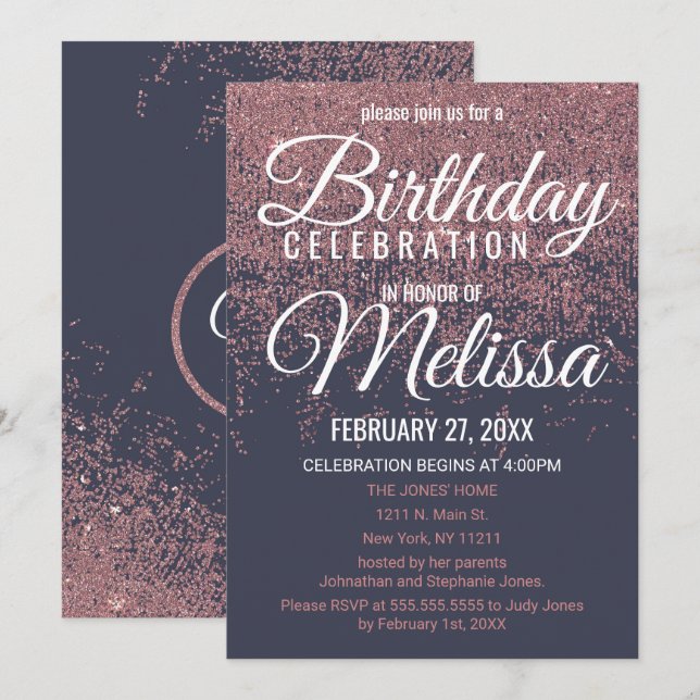 Rose Gold Glitter Sparkle Navy Blue Birthday Party Invitation (Front/Back)