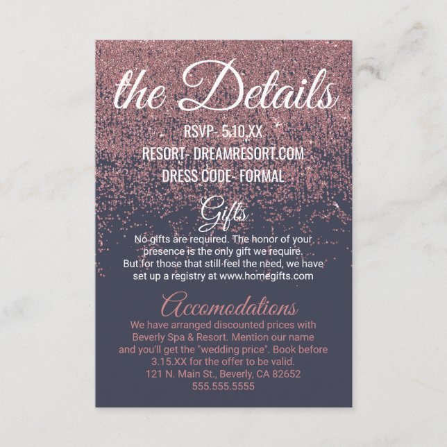 Rose Gold Glitter Sparkle Navy Blue Wedding Detail Enclosure Card (Front)