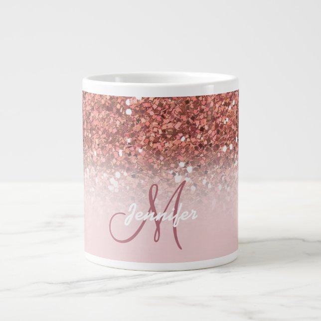 Rose Gold Glitter Sparkle Ombre Monogram Name Large Coffee Mug (Front)
