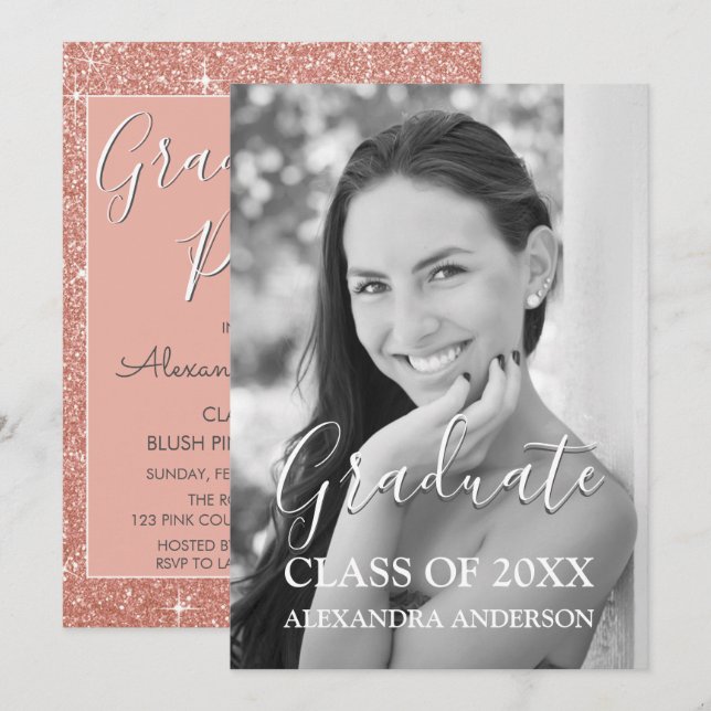 Rose Gold Glitter & Sparkle Photo Graduation Party Invitation (Front/Back)