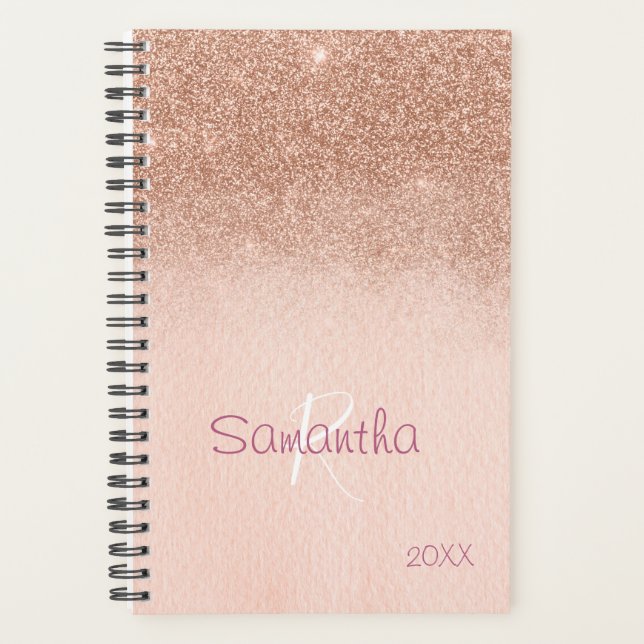 Rose Gold Glitter Sparkle Yearly Monogram Planner (Front)