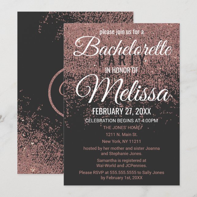 Rose Gold Glitter Sparkles Black Bachelorette Invitation (Front/Back)