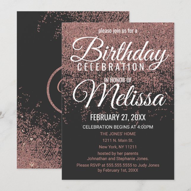 Rose Gold Glitter Sparkles Black Birthday Party Invitation (Front/Back)