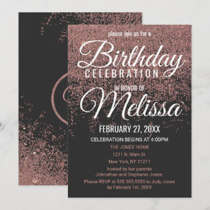 Rose Gold Glitter Sparkles Black Birthday Party Invitation