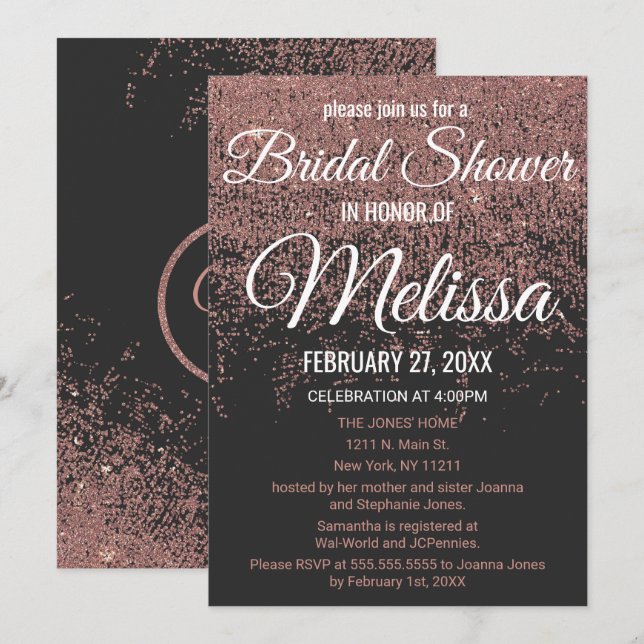Rose Gold Glitter Sparkles Black Bridal Shower Invitation (Front/Back)