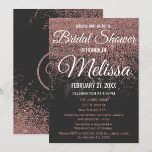 Rose Gold Glitter Sparkles Black Bridal Shower Invitation
