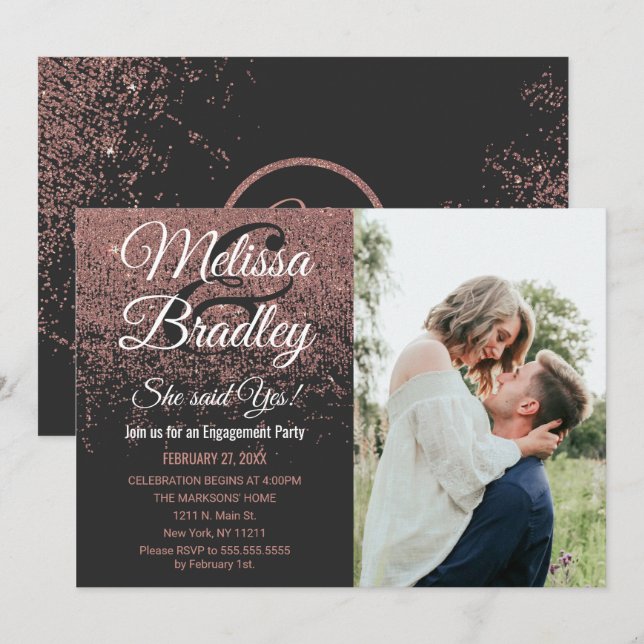 Rose Gold Glitter Sparkles Black Engagement Invitation (Front/Back)