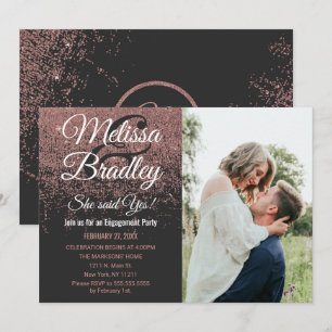 Rose Gold Glitter Sparkles Black Engagement Invitation