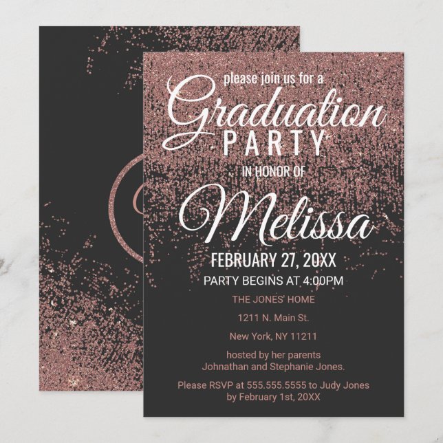 Rose Gold Glitter Sparkles Black Graduation Party Invitation (Front/Back)