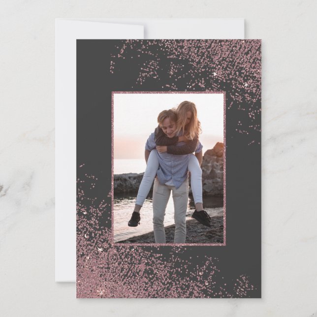 Rose Gold Glitter Sparkles Black Photo Wedding Invitation (Back)