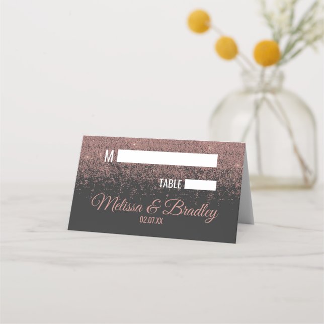 Rose Gold Glitter Sparkles Black Place Cards (Front)