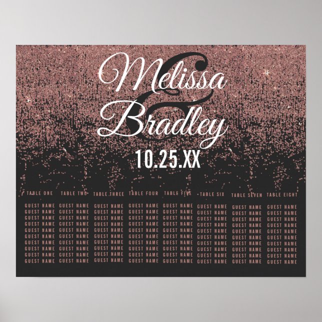 Rose Gold Glitter Sparkles Black Seating Chart (Front)