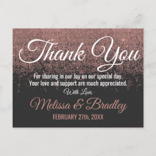 Rose Gold Glitter Sparkles Black Thank You Postcard