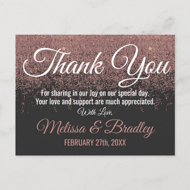 Rose Gold Glitter Sparkles Black Thank You Postcard (Front)