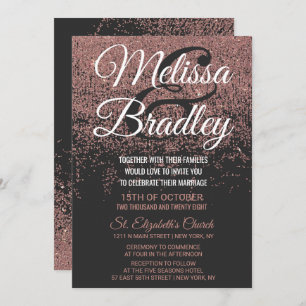 Rose Gold Glitter Sparkles Black Wedding Invitation