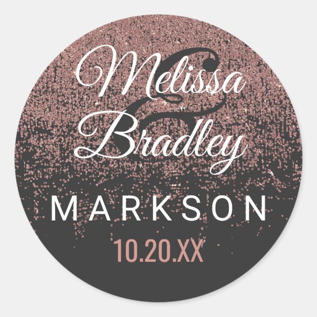 Rose Gold Glitter Sparkles Black Wedding Stickers (Front)