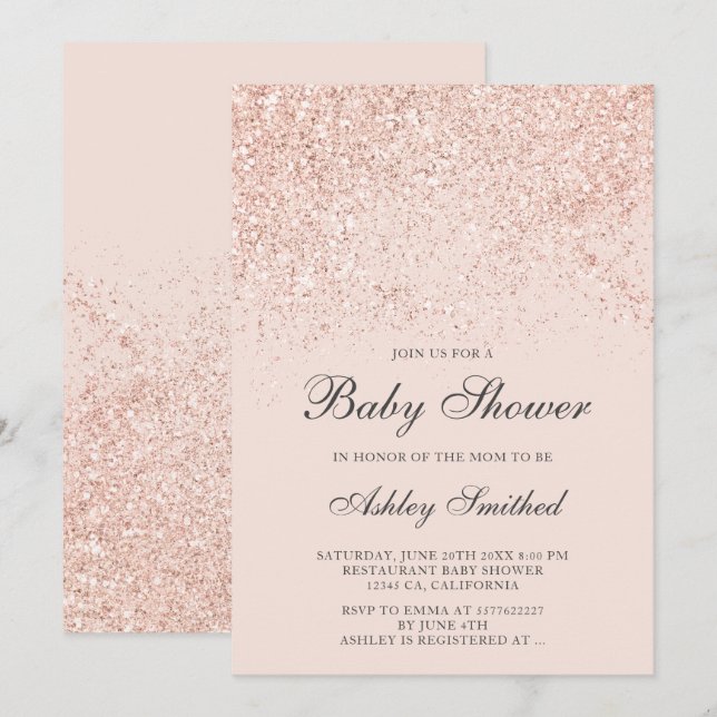 Rose gold glitter sparkles blush baby shower invitation (Front/Back)
