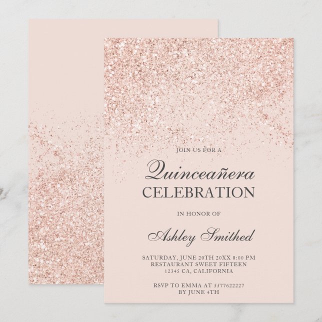 Rose gold glitter sparkles blush chic Quinceañera Invitation (Front/Back)